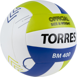Мяч вол. TORRES BM400, V42315, р.5, синт. кожа (ТПУ), клееный, бут.кам., бело-сине-зелен