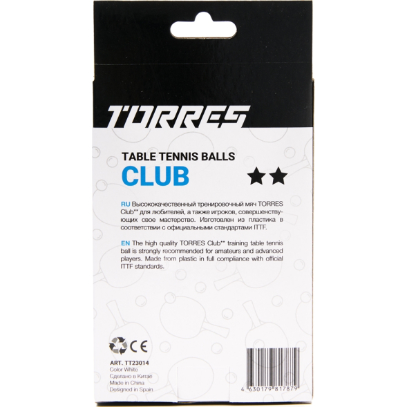 Мяч для наст. тенниса TORRES Club 2*, TT23014, диам. 40+мм, упак. 6 шт, белый