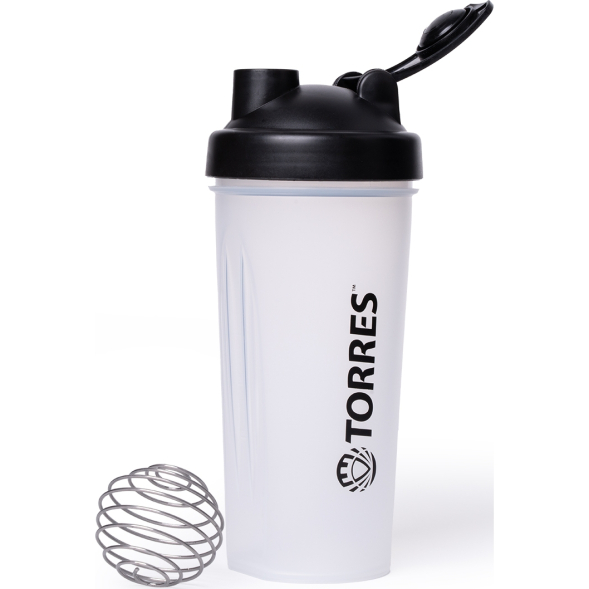 Шейкер спортивный TORRES, S01-600-01, 600мл, черная крышка с колпачком, пластик, прозрачный