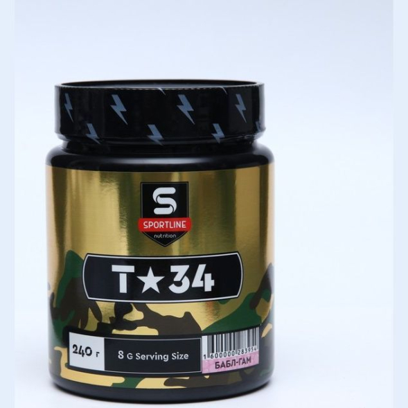 Предтренировочный комплекс SportLine T-34 with DMAE, спортивное питание, Bubble Gum, 240 г